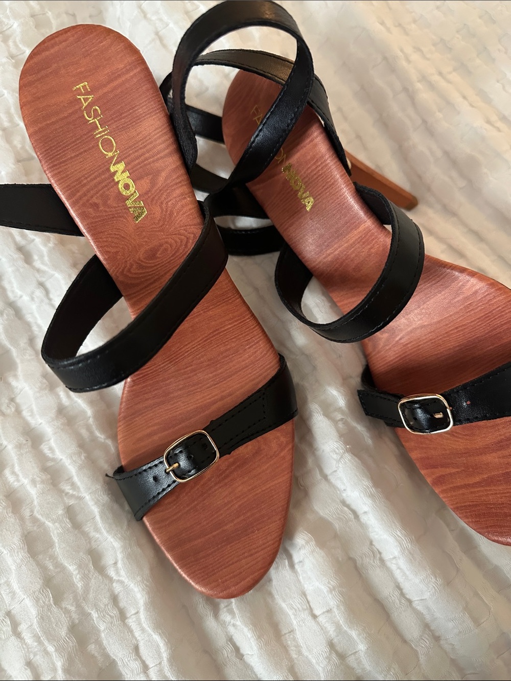 Fashion Nova Black Strappy Wood-Look Stiletto Sandals